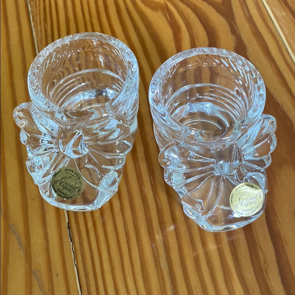 Set of Elegant Crystal Candle Holders with Baby Shoe Bow Accent